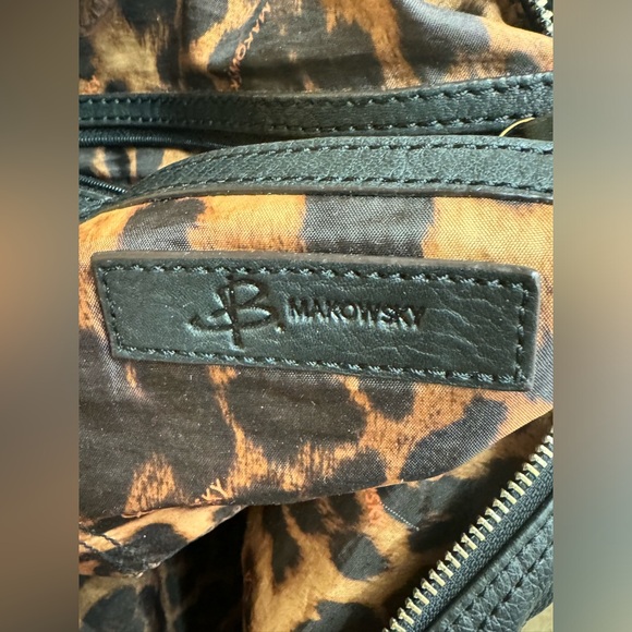 B. Makowsky Black Leather Satchel Leopard Interior - Picture 8 of 10